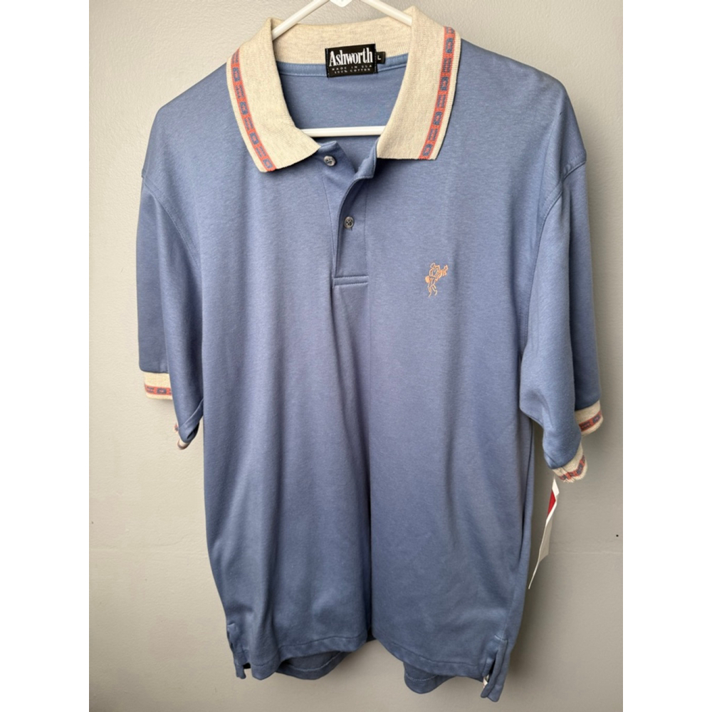 Vintage NWT Men's Ashworth Blue Polo Shirt L with Beige Collar & Red Trim
